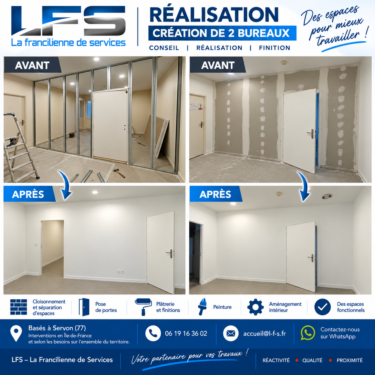 Création de deux bureaux, avant et après les travaux