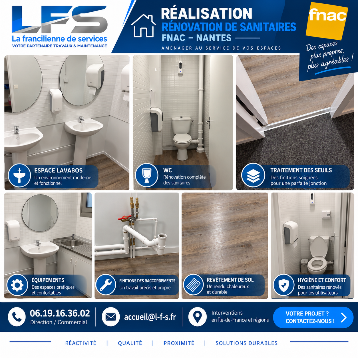 Sanitaires rénovés à la FNAC de Nantes : lavabos, WC et revêtement de sol